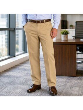 Haggar Mens 40 x 30 " Dress Pants Khaki Relaxed Fit Flat Front Polyester